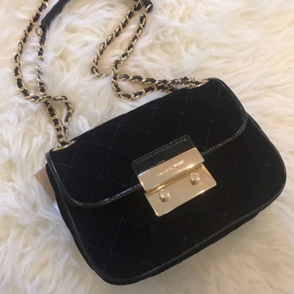 MK sloan small quilted velvet shoulder bag black